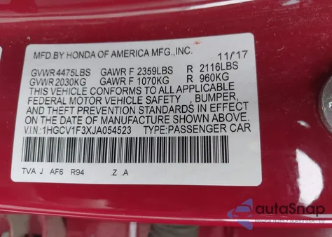 2018 Honda Accord Sport from USA, damaged, VIN 1HGCV1F3XJA054523